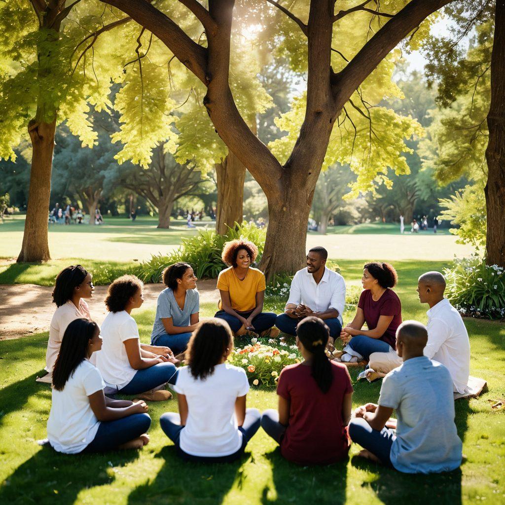A heartwarming scene depicting a diverse group of people sitting in a circle, sharing their stories and supporting one another in a serene park setting. Warm sunlight filters through the trees, casting dappled light on their faces, showcasing emotions of hope, strength, and connection. Include elements of nature, like blooming flowers and gentle streams, symbolizing growth and healing. super-realistic. vibrant colors. warm tones.