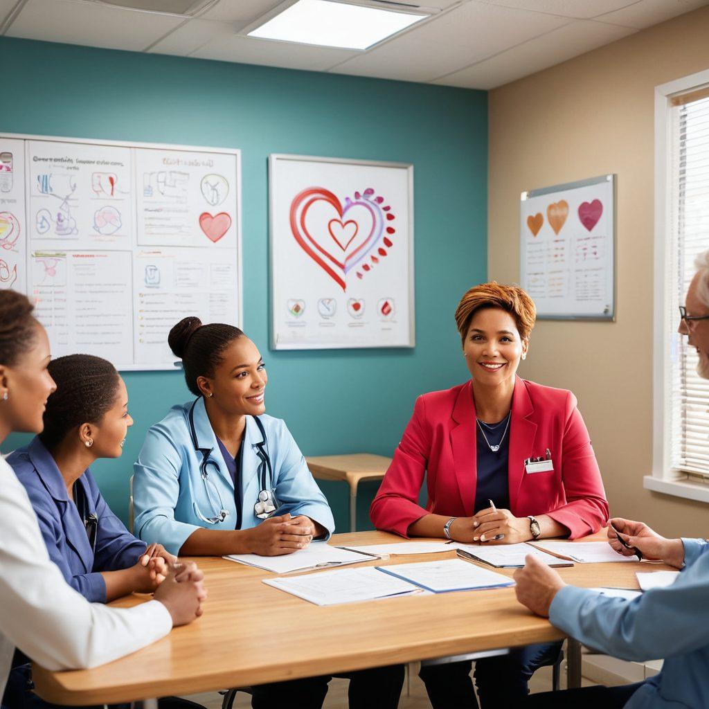 A compassionate healthcare professional discussing cancer care with a diverse group of patients and their families in a bright, welcoming clinic. Charts and supportive literature on cancer awareness are visible on the walls, with symbols of empowerment like a light bulb and a heart. The atmosphere is warm and inviting, fostering a sense of hope and collaboration. Illustrate a sense of understanding and advocacy in this gathering. super-realistic. vibrant colors. warm lighting.
