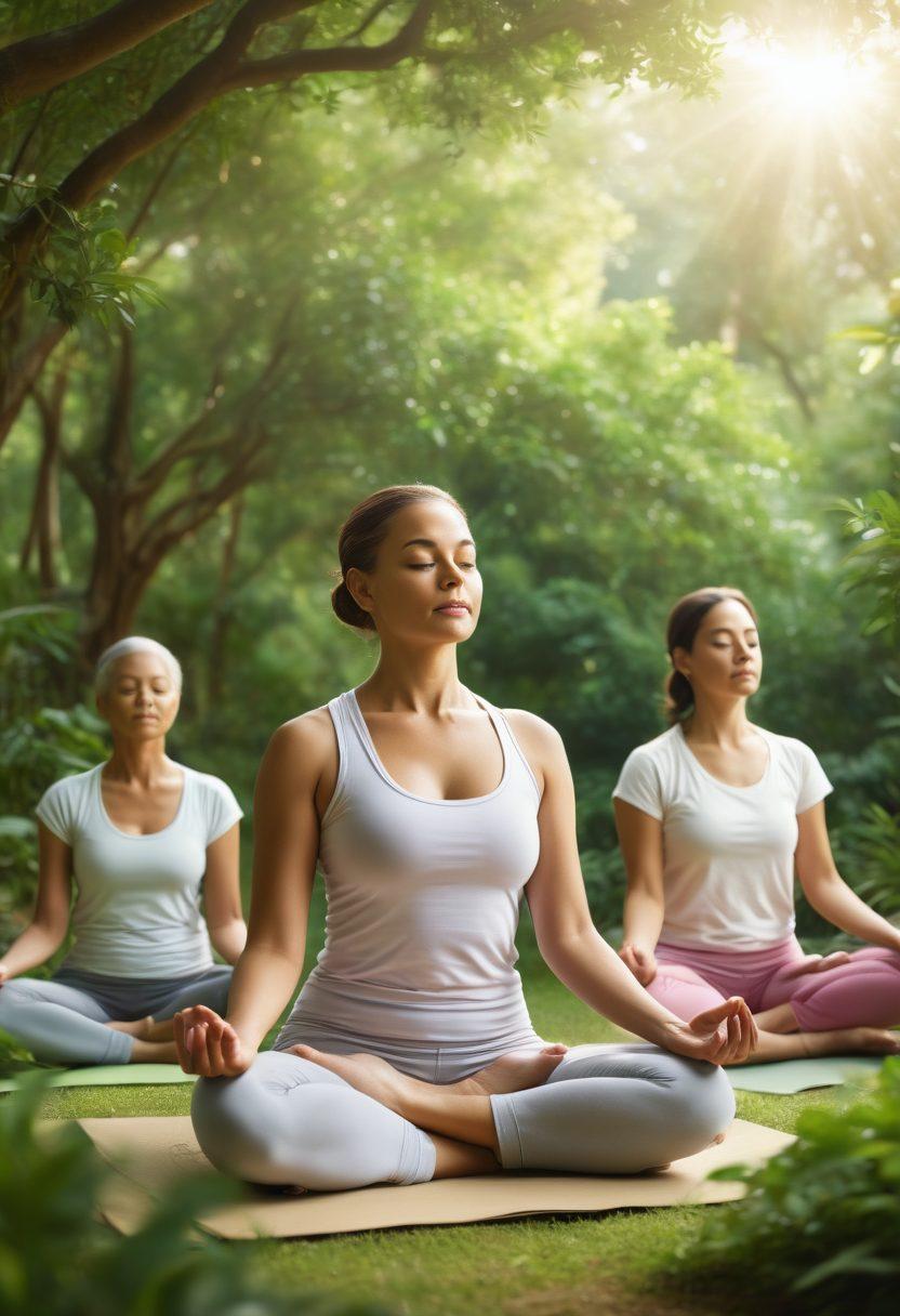A serene scene depicting a diverse group of individuals engaged in supportive activities, like meditation and yoga, surrounded by lush greenery and soft sunlight. A cancer survivor sharing their story with others, symbolizing hope and empowerment. Incorporate elements of wellness, such as soothing colors and uplifting quotes subtly integrated into the background. super-realistic. vibrant colors. soft focus.